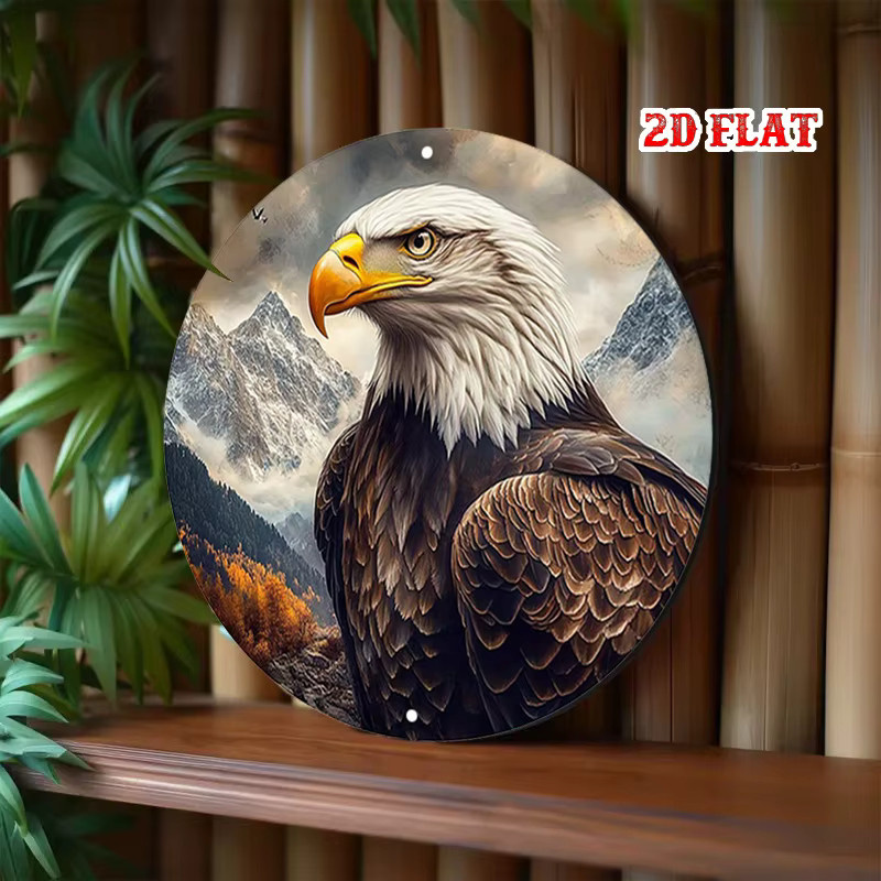 Mountainales Eagle runde Metallwandkunst Weißkopfseeadler im Flug mit Bergen rustikales modernes Dekor - Bild 5