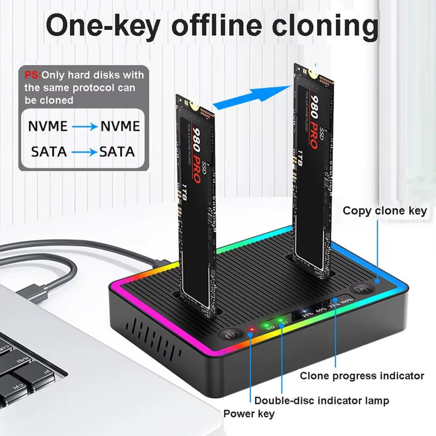 Kebidumei M.2 NVMe/SATA Dual-Bay Festplattengehäuse mit Offline-Klon-Funktion, 10Gbps SSD-Duplikator und USB 3.2 Gen2 Adapter, Schwarz - Bild 3