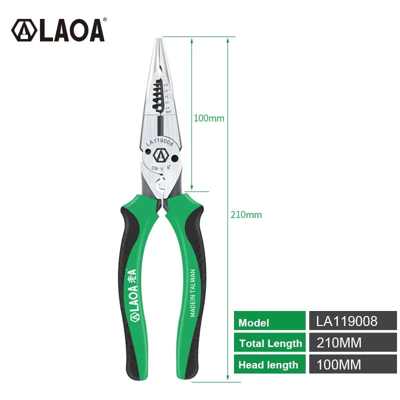 LAOA Multifunktionszange 6-in-1 aus Chrom-Vanadium in Grün, Abisolierzange 0,7-4,0 mm und Drahtschneider, 8 Zoll Spitzzange - Bild 2
