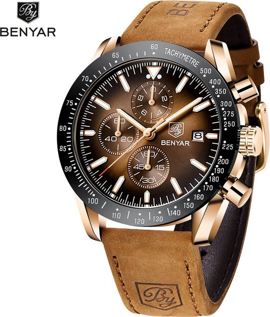 BENYAR Chronograph Armbanduhr Edelstahl, Quarz, Schwarz, Herren - Bild 1