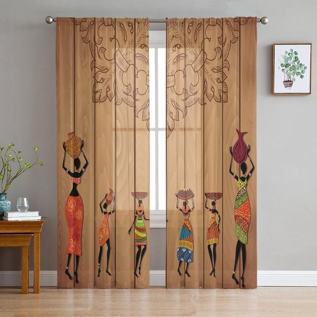 Transparenter Chiffon-Vorhang mit ethnischem afrikanischem Frauen-Motiv in Multicolour, Breite: 100 cm, Höhe: 250 cm - Bild 1