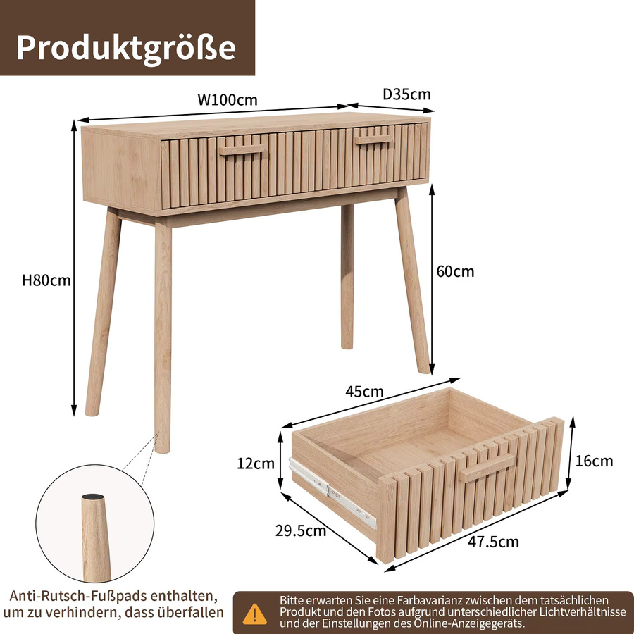 Schmale Konsole mit 2 Schubladen in Braun, skandinavischer Beistelltisch aus Holz für Flur und Wohnzimmer, B/T/H: 100 x 35 x 80 cm - Bild 2