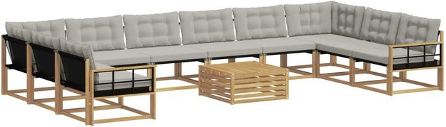 vidaXL Outdoor-Sofagarnitur aus Akazienholz und Textilene in U-Form, 11-teiliges Set in Weiß-Hellgrau mit abnehmbaren Kissen - Bild 1