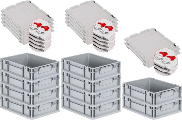 PROREGAL Spar Set 10x Eurobox Nextgen Economy mit Scharnierdeckel und roten Schiebeschnappverschlüssen, Grau, H x B x T: 12 x 30 x 40 cm, 11 Liter - Bild 1
