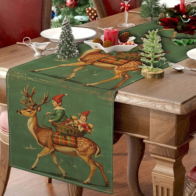 VIKAMA Tischläufer Weihnachten American Vintage Design in Grün, B/T: 183 x 33 cm - Bild 1