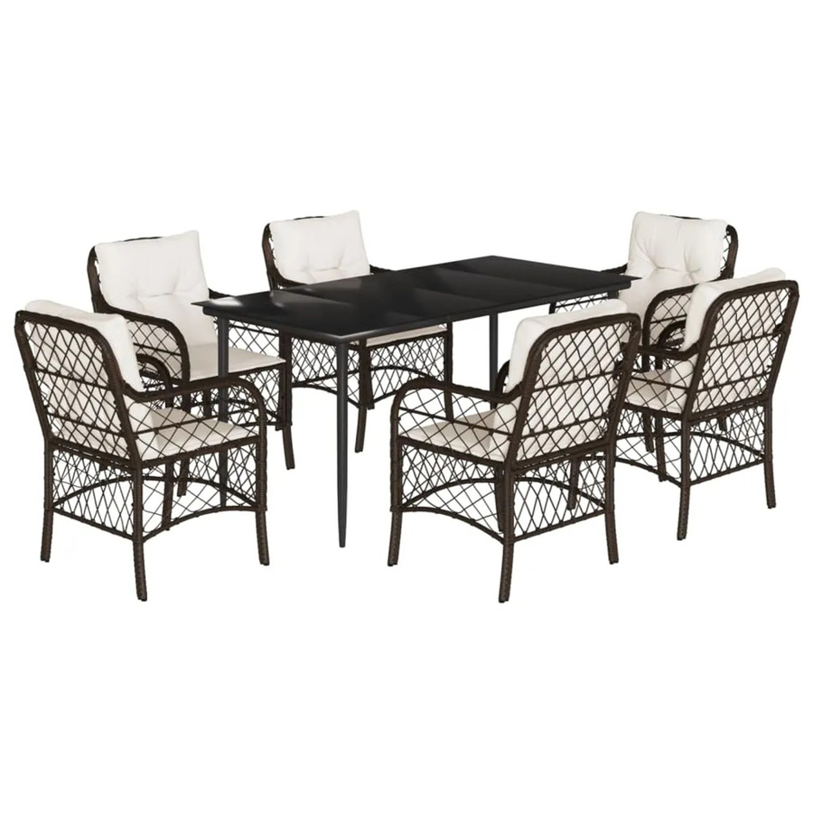 vidaXL 7-teilige Garten-Essgruppe aus Poly-Rattan mit Kissen in Braun und pulverbeschichtetem Stahl mit gehärtetem Glas - Bild 2