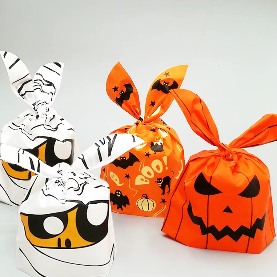 50 Stück Halloween Süßigkeiten Taschen mit Hasenohren und Kürbis Motiv aus Kunststoff für DIY Dessert und Geschenke, Mehrfarbig - Bild 2