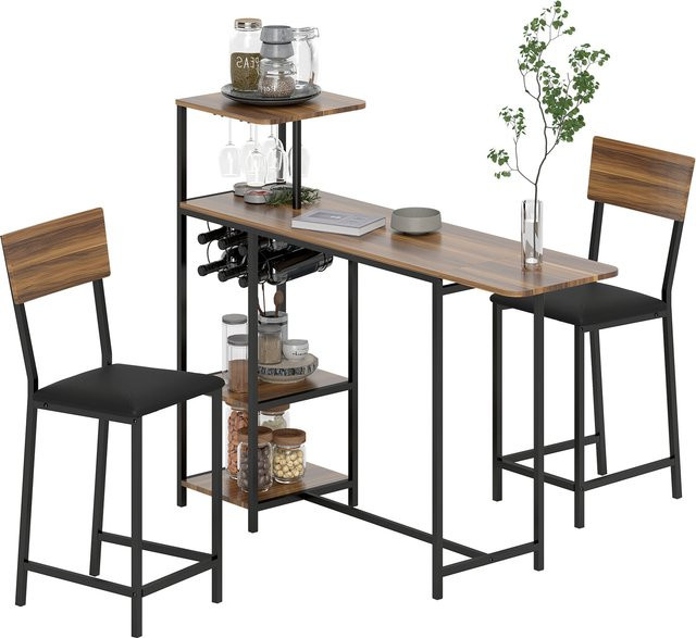 HOMCOM 3-teiliges Bartisch-Set mit 2 Barhockern in Braun, moderner Klappbartisch mit Weinregal und Weinglashalter, Essgruppe mit Stahlrahmen und Kunstleder für Küche und Esszimmer - Bild 1