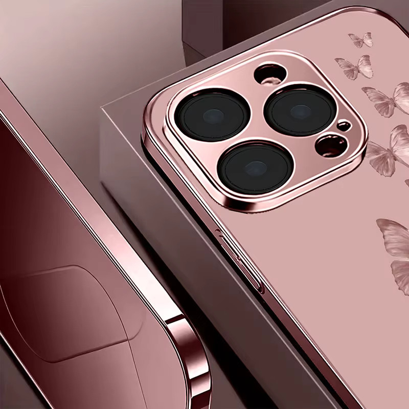 Rosa Handyhülle mit Schmetterlingsmuster aus gehärtetem Glas für Apple iPhone 11 bis iPhone 18 Pro Max Plus und 17 Air 16E - Bild 4