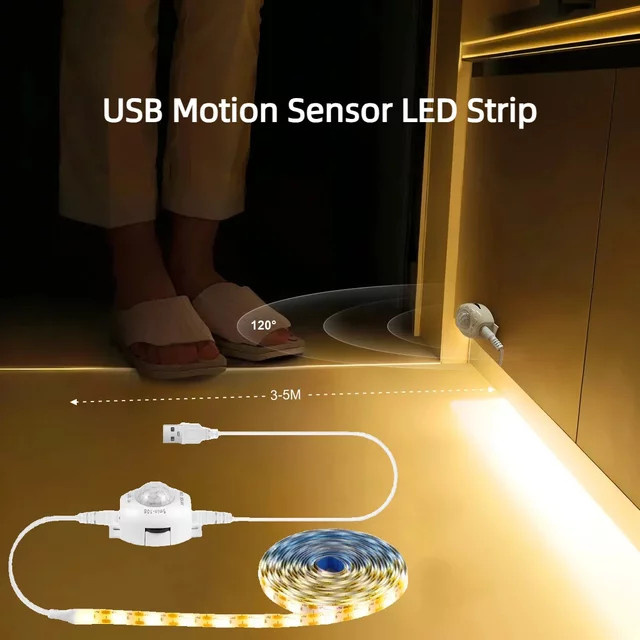 Gyarfas LED Nachtlicht mit Smart Sensitive PIR Bewegungssensor und USB 5V Anschluss, einstellbare Verzögerungszeit 10s-300s, DIY zuschneidbarer Lichtstreifen für dein Schlafzimmer - Bild 1