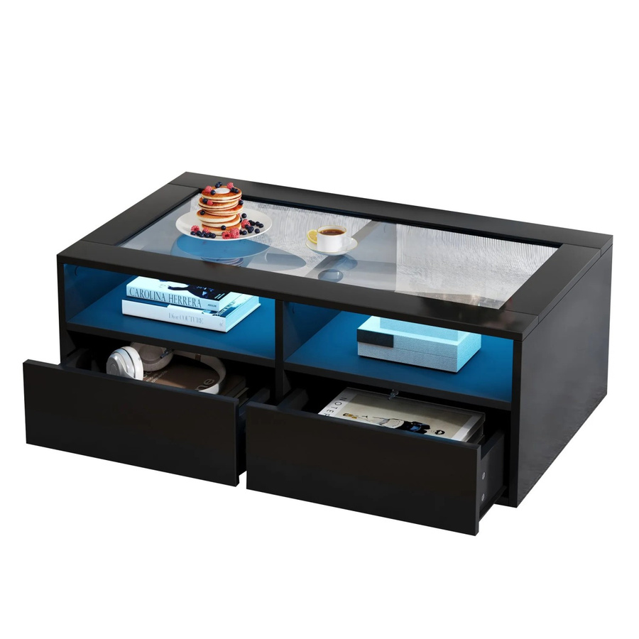 okwish Couchtisch mit LED Glas Schubladen in Schwarz Hochglanz, B/T/H: 100 x 50 x 35 cm - Bild 2