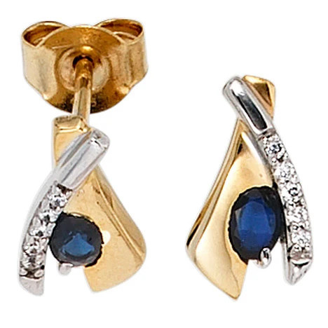 Colfem Ohrstecker 333 Gelbgold, bicolor, 10 Zirkonia, 2 Safire blau - Bild 1