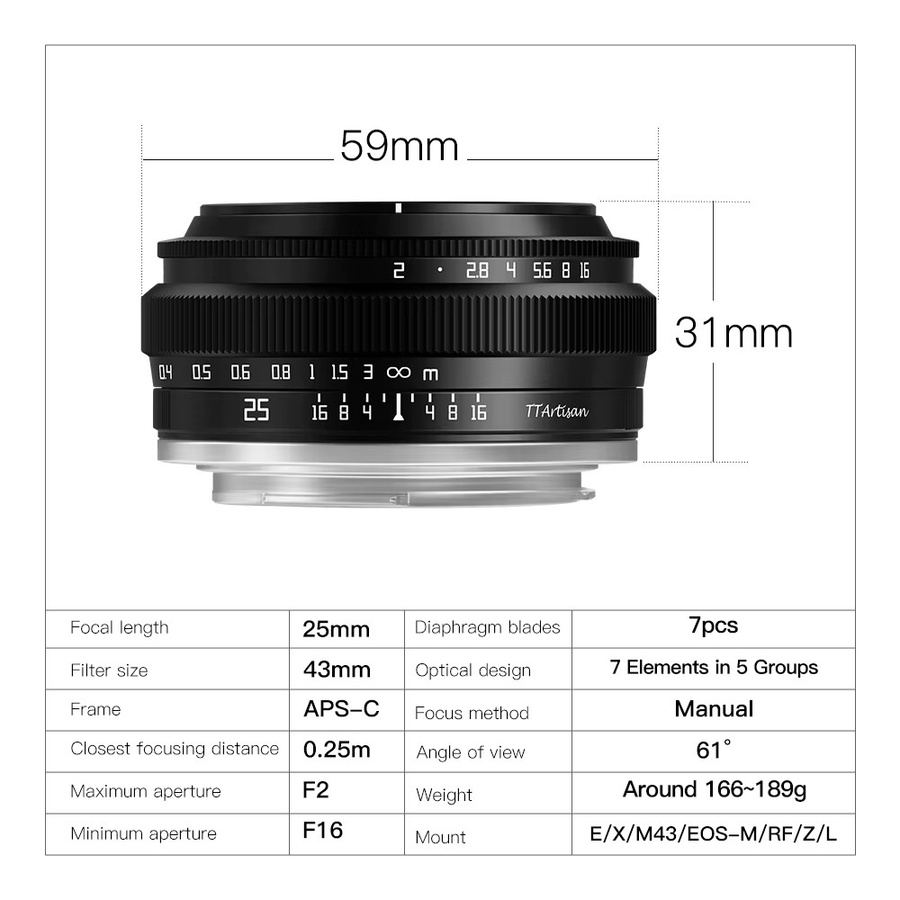 TTArtisan 25mm F2 APS-C Objektiv für Sony E und andere Mounts, Schwarz, Manuelle Fokussierung - Bild 2