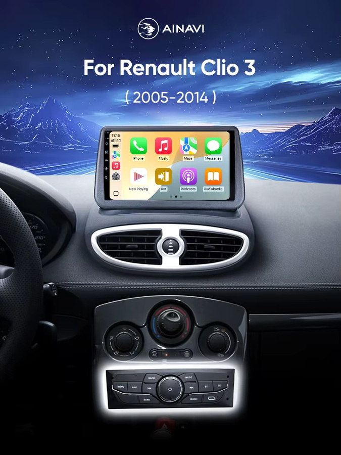 Ainavi Autoradio für Renault Clio 3 (2005–2014) mit kabellosem CarPlay, Android Auto, 4G, GPS und Navigation in Schwarz - Bild 7