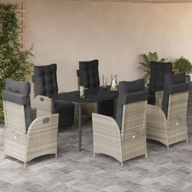7-teilige moderne Garten-Essgruppe aus Poly-Rattan mit Kissen in Hellgrau von vidaxl - Bild 1