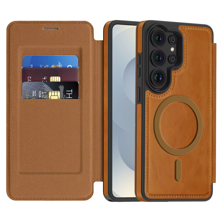 Magnetische Business Leder Handyhülle mit Kartenfach für Samsung S26 S25 Ultra S25 Edge FE kompatibel mit MagSafe in Braun oder Lila - Bild 7