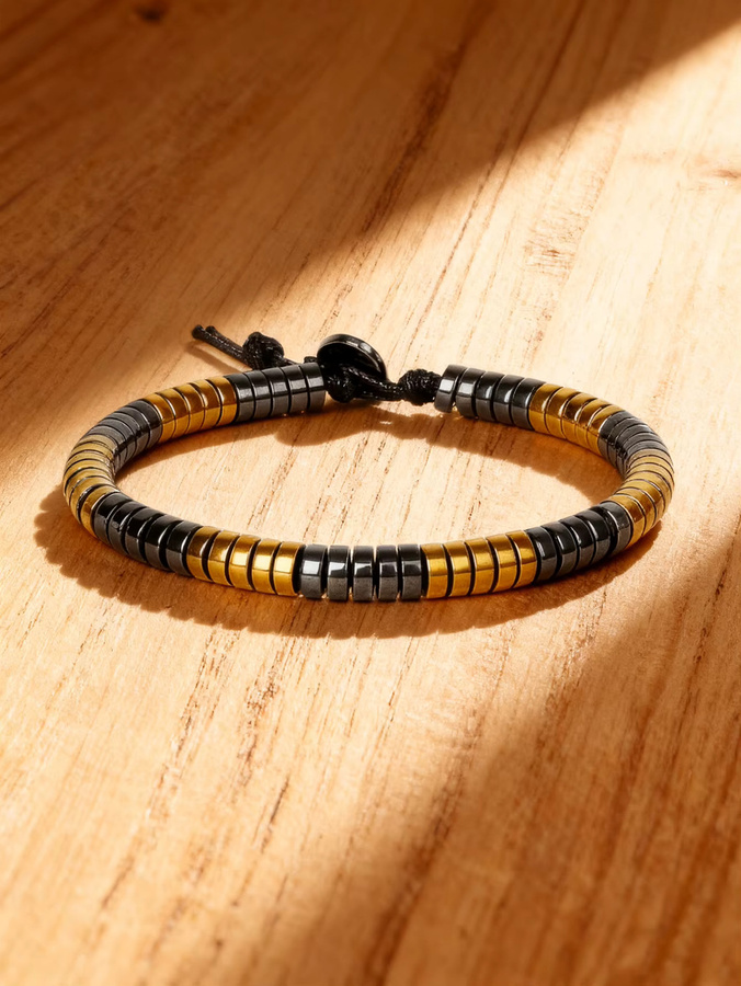 HOBBORN Armband, Hämatit, Naturstein, Lederband, goldfarbene Abstandshalter, Perle, Unisex - Bild 2
