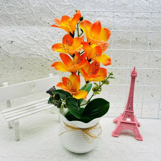 Künstliche Magnolienblüte in Orange mit 7 Blütenköpfen im Topf als Tischdekoration - Bild 2