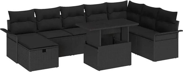 vidaXL Garten-Sofa-Set aus Polyrattan in Schwarz, 9-teiliges Lounge-Set mit Kissen und Stauraum - Bild 1