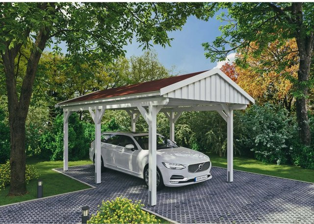 Skan Holz Carport Fichtelberg aus Fichte Leimholz in Weiß mit roten Dachschindeln B/T: 317 x 566 cm, Höhe: 303 cm - Bild 1