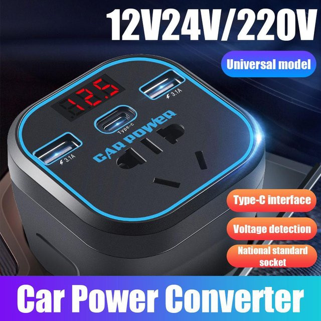Multifunktions Auto-Wechselrichter Konverter von 12 V/24 V auf 110 V/220 V mit USB-C Schnellladegerät und Buchse in Schwarz - Bild 1