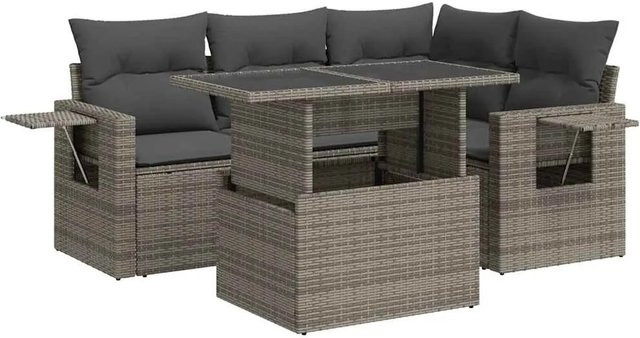 vidaXL 5-teilige Garten-Sofagarnitur in L-Form aus grauem Poly-Rattan mit Kissen und pulverbeschichtetem Stahlgestell - Bild 1