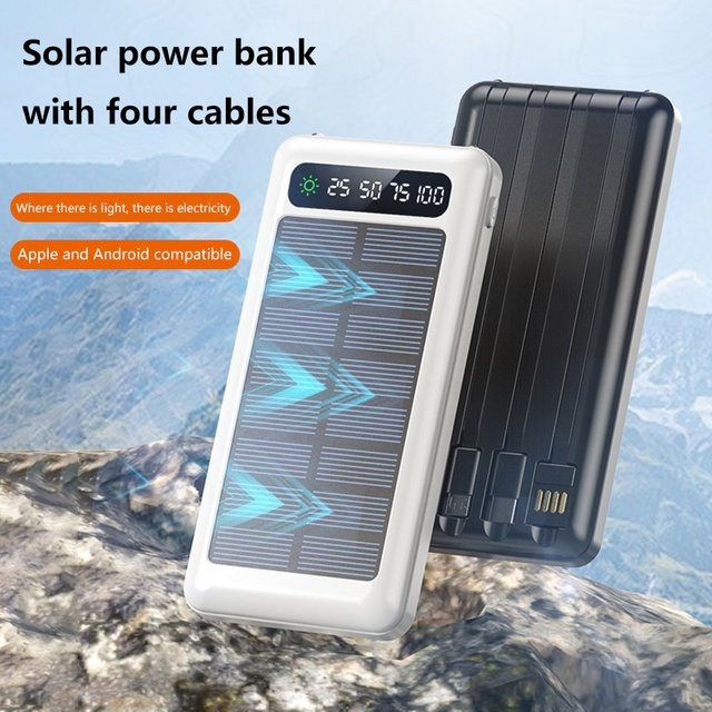 Solar Power Bank 50000 mAh mit vier Datenkabeln, tragbare Powerbank für Smartphones, Schwarz - Bild 1