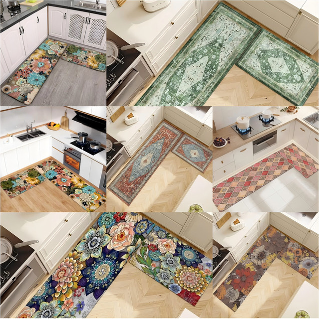 VIKAMA Vintage Bohemian Floral Fußmatte mit Blumenmuster und Anti-Rutsch-Funktion für Küche oder Eingangsbereich - Bild 1