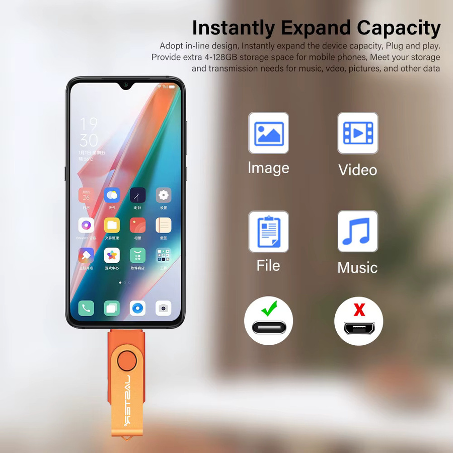 JASTER 2-in-1 Metall USB-C USB-Stick mit 360 Grad Drehung in Rot und Orange, 128 GB - Bild 2
