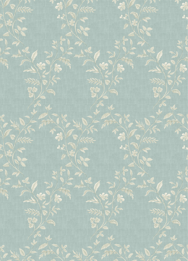 Nina Campbell Tapete Hollingbourne Trellis in Aqua mit Ranken und Blättern - Bild 1