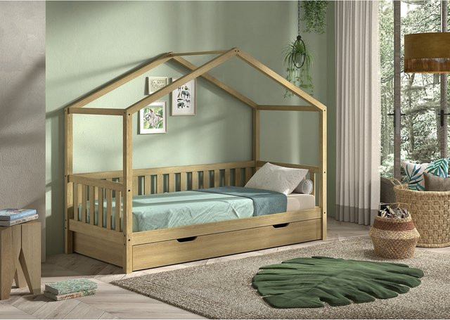 Vipack Hausbett für Kinder aus Eiche Massiv Natur mit Bettschublade, Liegefläche 90 x 200 cm, Farbe Braun - Bild 1