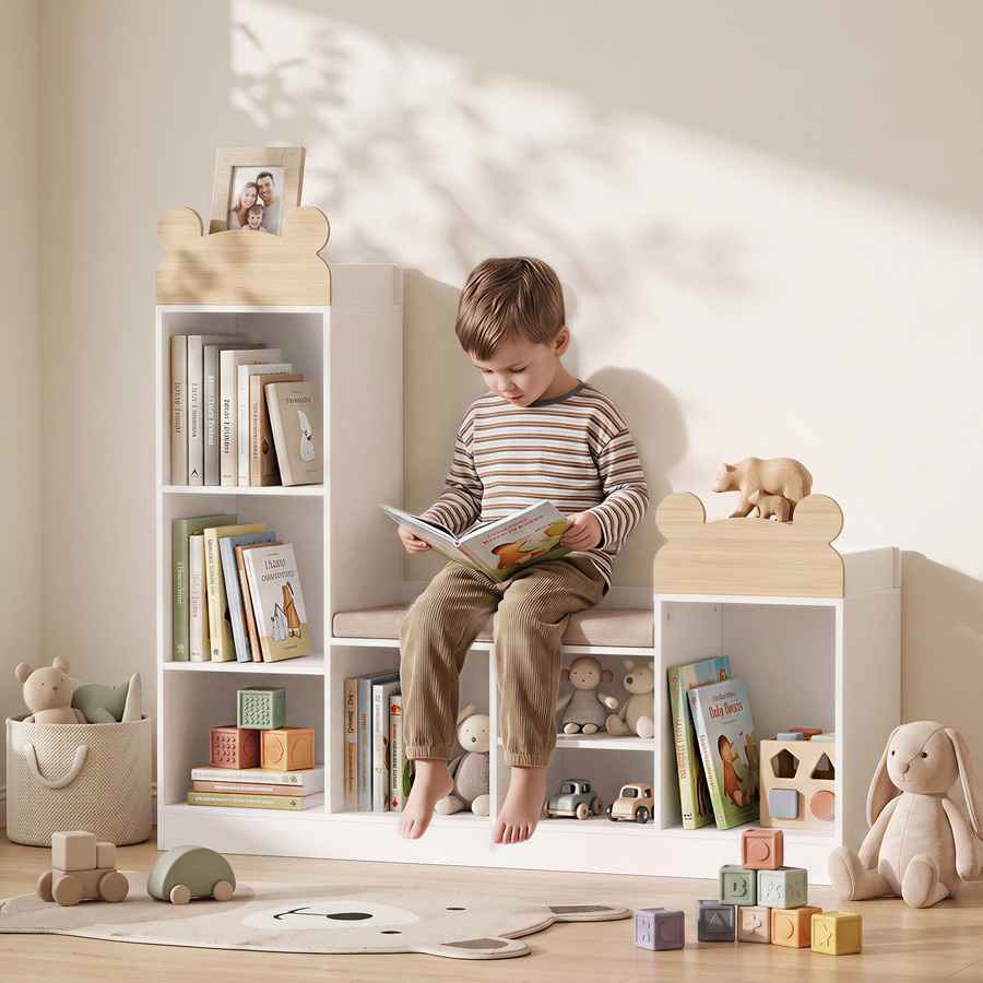 AIYAPLAY Kinderregal mit Leseecke und Bank, 3-in-1 Aufbewahrungsmöbel mit 6 Fächern und Sitzkissen, Weiß, B/T/H: 121 x 30 x 106 cm - Bild 2