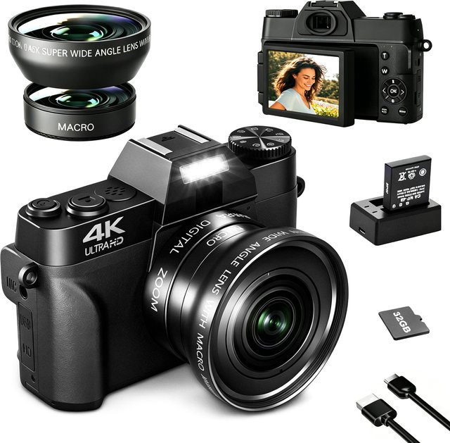 Demann Digitalkamera 4K mit 48 Megapixeln, kompakte Vlog Kamera in Schwarz mit 180 Grad klappbarem LCD-Bildschirm, WLAN und HDMI Anschluss - Bild 1