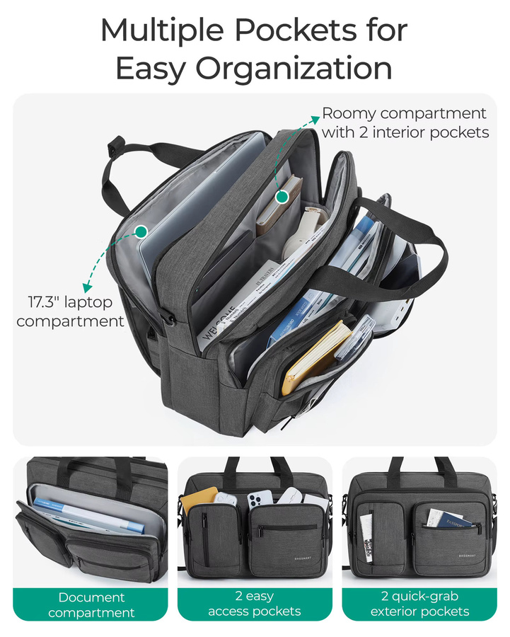 BAGSMART 3-in-1 Laptoptasche für Herren, wasserabweisende Computer-Aktentasche und Notebook-Abdeckung für Geschäftsreisen und Büro, 17,3 Zoll, Schwarz/Grau - Bild 2