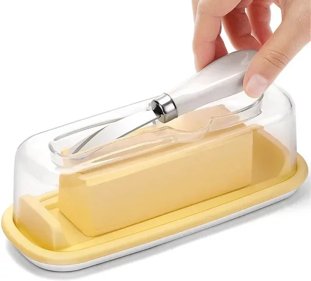 Käsebehälter und Butterdose mit Deckel und Messer aus Kunststoff, luftdicht zur Frischhaltung von festem Käse und Butter - Bild 1