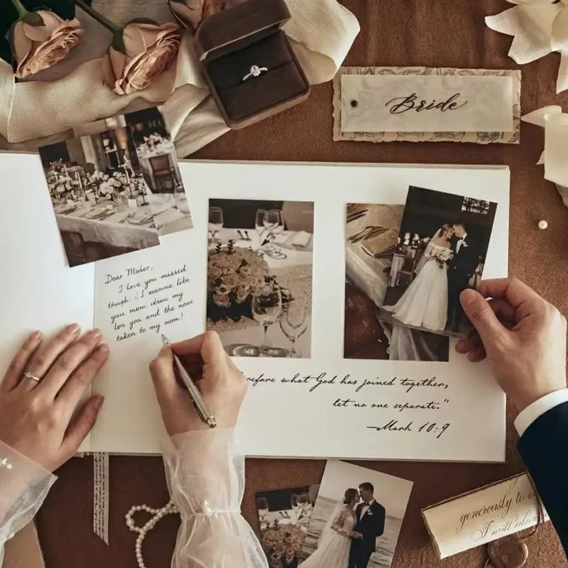 Personalisiertes Leinen-Gästebuch für Hochzeiten in Beige, Hardcover-Hochzeitsbuch im A4-Format mit blanko Seiten als rustikales Erinnerungsstück - Bild 2