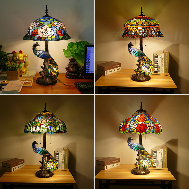 YUENSLIGHTING Tiffany American Retro Peacock Stehlampe mit handgefertigtem buntem Glas Lotus-Lampenschirm für Wohnzimmer und Arbeitszimmer - Bild 1