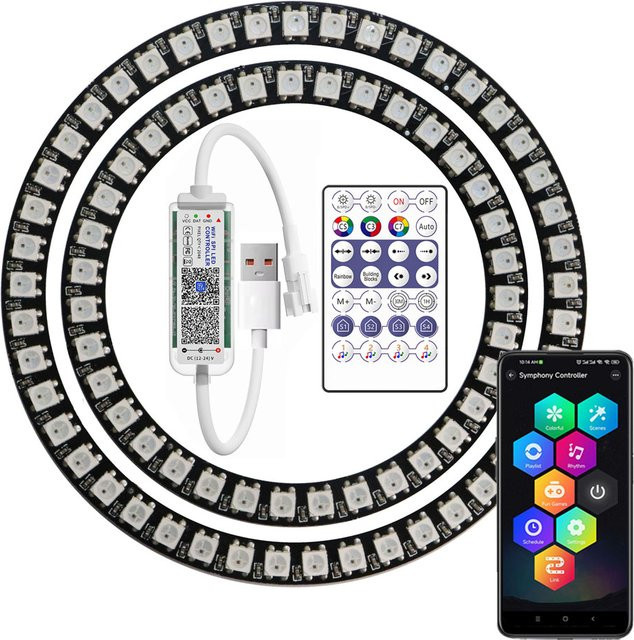 Surperlife WS2812B RGBIC LED Ringmodul Kit mit USB-Controller, individuell adressierbare Multicolour LEDs, 5V, Schwarz - Bild 1
