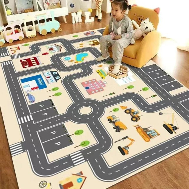 VIAKAMA Cartoon Kinderteppich mit Verkehrs- und Auto-Motiv für das Kinderzimmer, Mehrfarbig - Bild 1