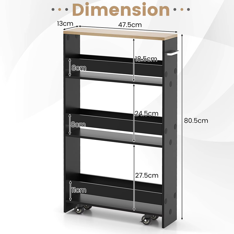 GOFLAME Nischen-Trolley mit 4 Ebenen in Schwarz, schmaler Küchenwagen und Badezimmerregal aus Metall mit Rollen und Griff - Bild 3