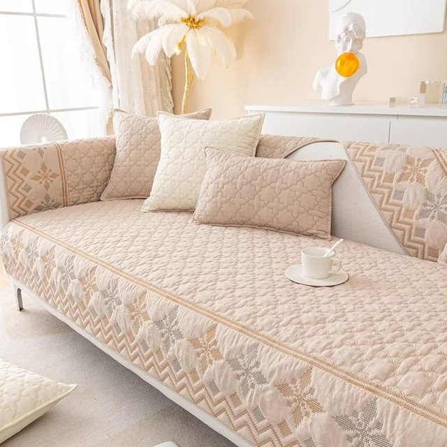 Böhmischer Sofabezug aus Baumwolle in Beige und Gelb, rutschfeste Sofakissenmatte für dein Wohnzimmer, B/B: 70 x 70 cm - Bild 1