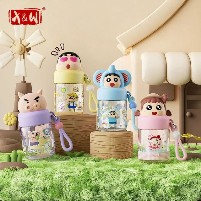X&W Crayon Shin Chan Kinder-Wasserflasche auslaufsicher mit Puppenverschluss und Trageschlaufe in Gelb und Multicolour - Bild 1