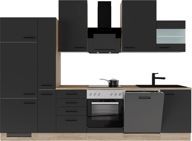 Flex-Well Exclusiv Küchenzeile Capri in Schwarz Matt und Endgrain Oak, Breite: 310 cm - Bild 1