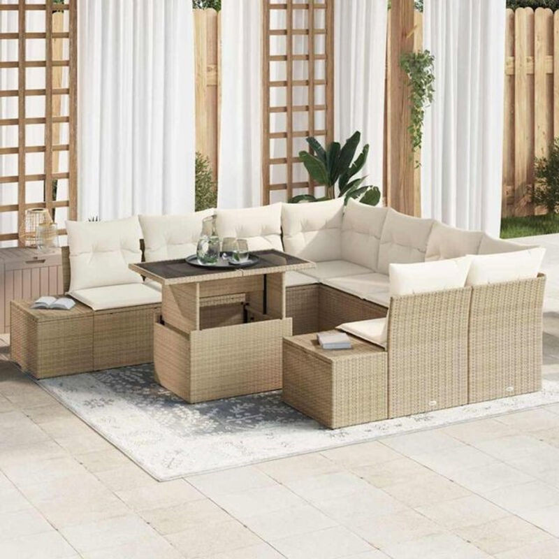 Vidaxl Garten-Sofa-Set aus 9 Teilen in Beige und Creme, modernes Polyrattan-Loungemöbel-Set mit Glas und Stahl, B/T/H: 100 x 55 x 73 cm - Bild 1
