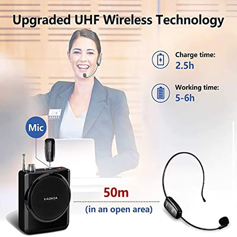XIAOKOA Kabelloses UHF-Mikrofon-Headset in Schwarz, tragbarer 2-in-1 Sprachverstärker mit 30 Meter Reichweite für Bühne und Unterricht - Bild 4
