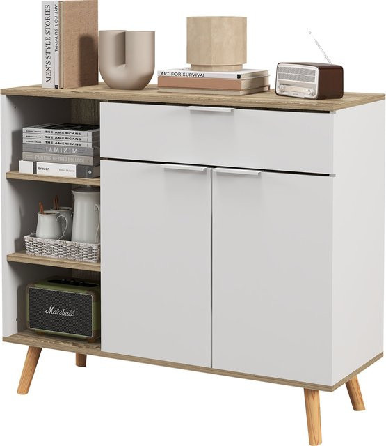 HOMCOM Küchenbuffet als Aufbewahrungsmöbel in Weiß mit Massivholzbeinen, Kommode mit verstellbaren Regalen, 1 Schublade und 1 Doppeltürschrank, B/T/H: 95 x 35 x 85 cm - Bild 1