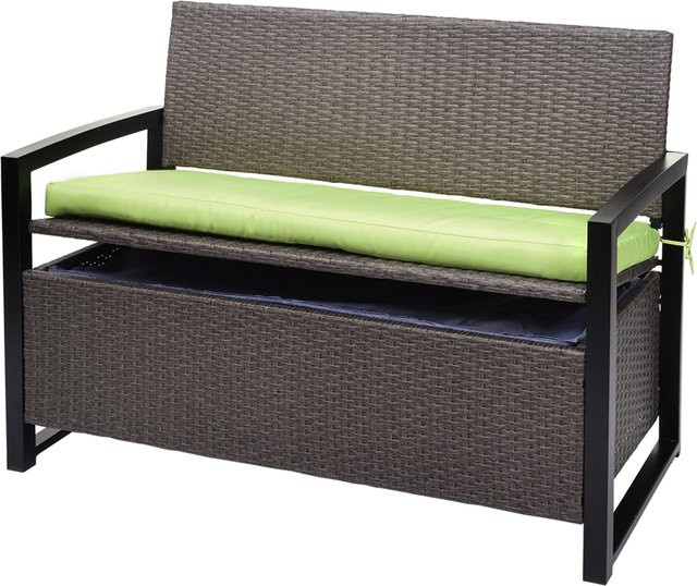 MCW Poly-Rattan 2er Sitzbank Truhenbank mit Staufach und Sitzkissen, grau-meliert, Kissen grün, B/T/H: 160 x 57 x 87 cm - Bild 1