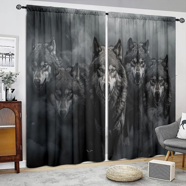 2er-Set Wolfsrudel Vorhang von Household supplies mit Tier-Motiv in Grau, halbtransparent, Breite: 132 cm, Höhe: 160 cm - Bild 1