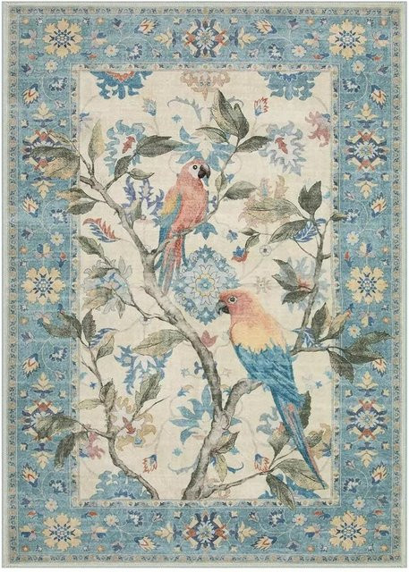 Lodestar Vintage Teppich mit botanischem Vogelmotiv in Blau, Boho Floral Design, waschbar und rutschfest, B/T: 180 x 240 cm - Bild 1
