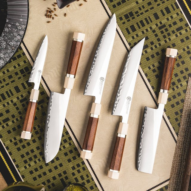 Grandsharp Küchenmesser-Set PM204 aus 3-lagigem Verbundstahl mit Holzgriff für Profis - Bild 1